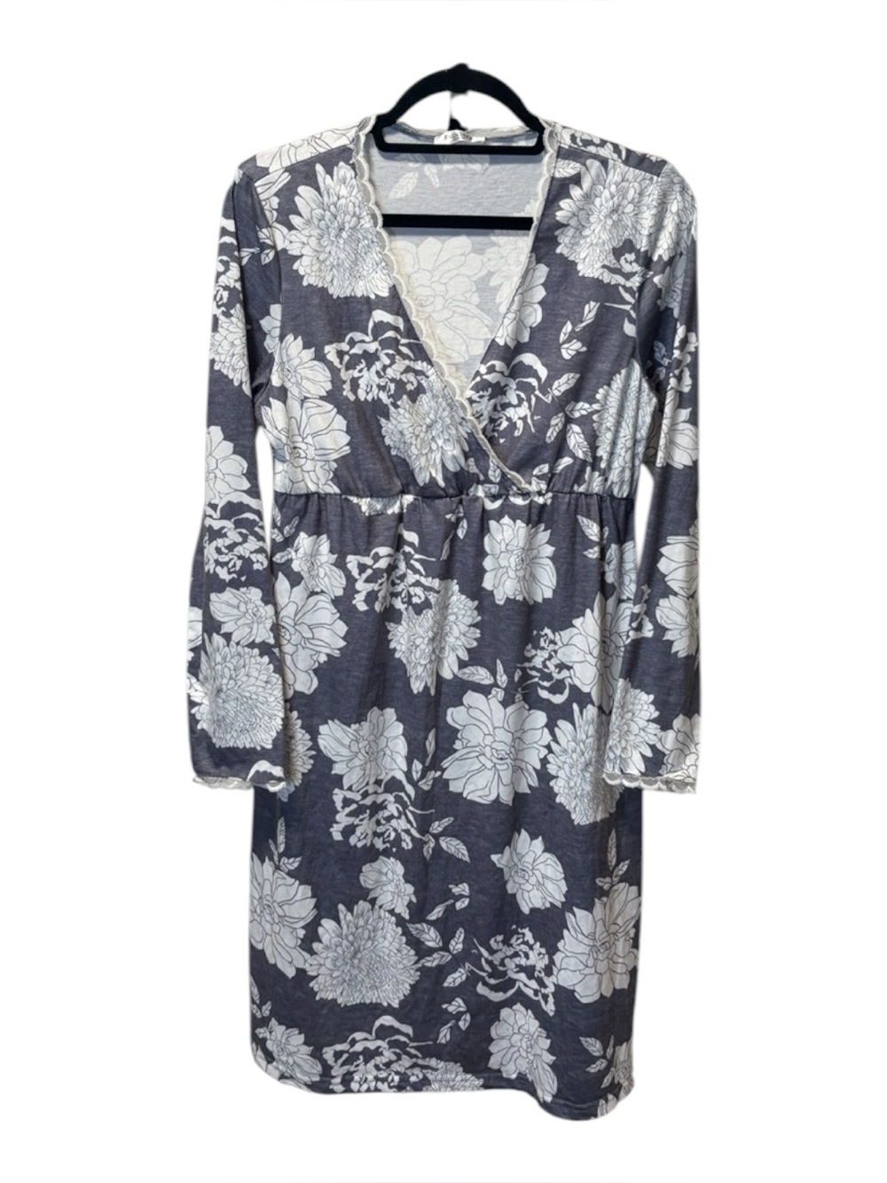 Ekouaer Floral Wrap-Front Chemise Dress - Blue Gray & White